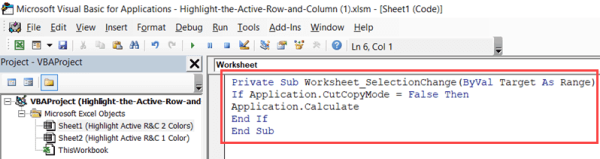 Excel에서 활성 행과 열을 강조 표시하는 백엔드의 Vb 코드