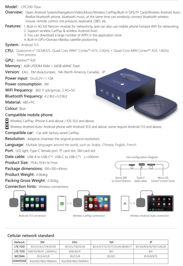 CPC200-Tbox Plus 안드로이드 11.0 인터넷 AI Box-무선 애플 카플레이&amp;안드로이드 자동사양