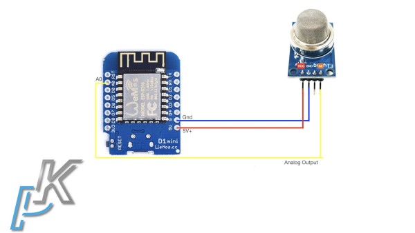 D1 mini와 MQ-2 연기 센서를 함께 연결하는 방법을 보여주는 다이어그램